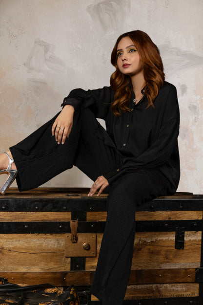 Black Solid Flared Palazzos